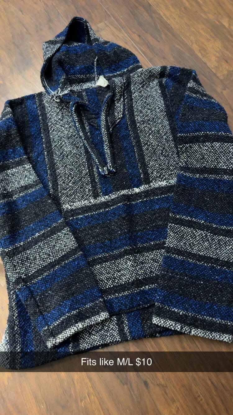Orizaba Original Mexican Baja Pullover Hoodie Blue Black Striped